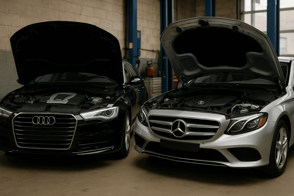 Audi and Mercedes Issues, auto repair in Centerville, Ohio. C's Autohaus. Black Audi and silver Mercedes-Benz sedans parked side by side in an auto repair shop with their hoods open.