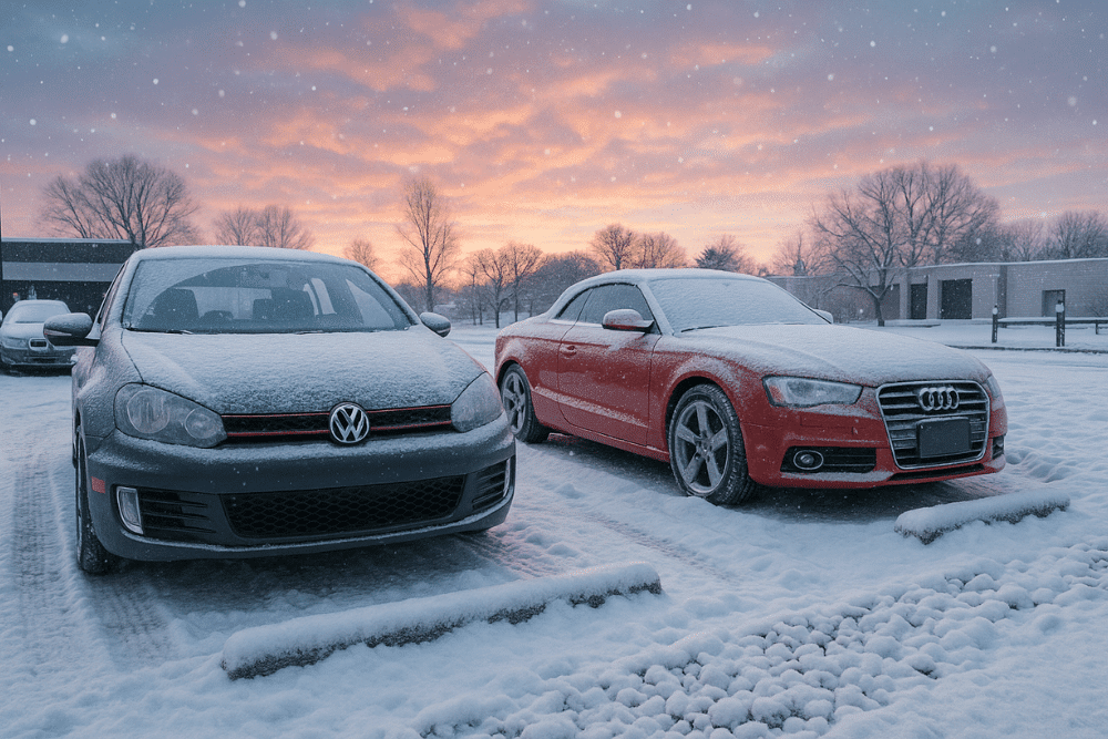 Winter car service, auto repair in Centerville, OH. Image of a snow-covered Volkswagen and Audi parked in icy conditions. Highlighting C’s Autohaus’ commitment to safe European vehicle performance during harsh winter weather.